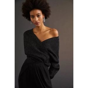 Anthropologie Black Shimmer Surplice Pullover Sweater V-Neck M